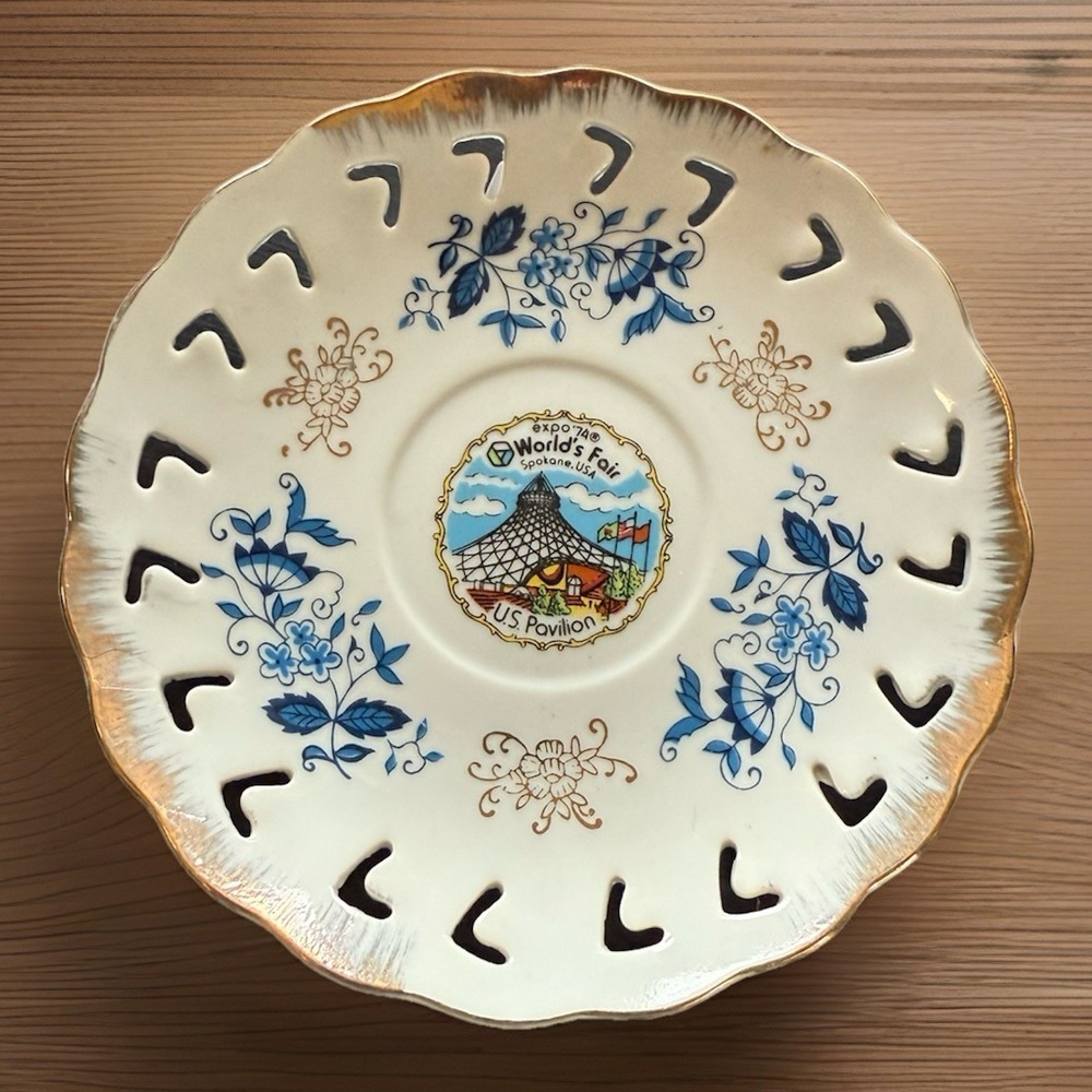Vintage 1974 Expo World's Fair Spokane WA Plate 4.75" Gold Trim Lace Cut‎ Floral